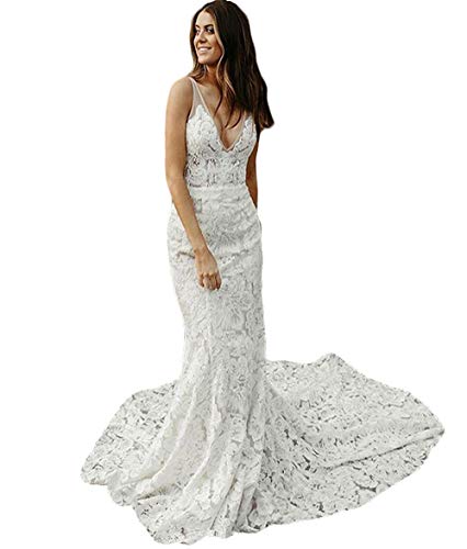 CY Vintage zeemeermin V-hals boho trouwjurk sexy rugloze bruids ivoor kant strand Bohemian bruidsjurken, Ivoor, 20 Plus