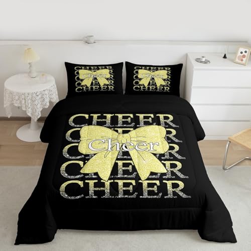 Image of Feelyou Cheer Bow Comforter Set All Season Cheerleader Bedding Set with 2 Pillow Cases Funny Sport Microfiber Kids Queen Bedclothes Yellow Bedroom Decor Duvet Quilt Breathable Soft Lightweight