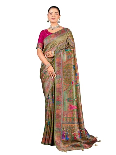 Image of Glory Sarees Women's Luxurious Dola Pure Silk Original Saree Position Print Work Madhubani Inspired Motifs Banarasi Kanjivaram Style Saree With Blouse Piece (Elegant101 Parent)
