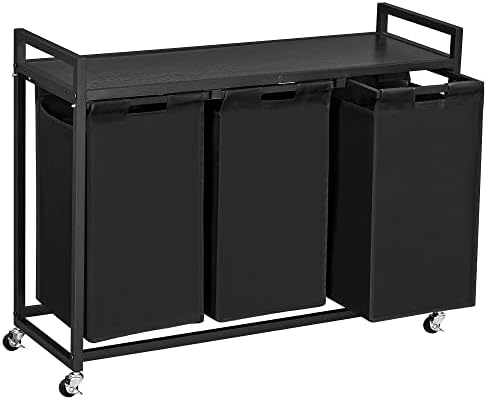 Herture Laundry Hamper, 3-Compartment Laundry Basket, Laundry Sorters with Shelf, Pull-Out Removable Bags and Movable Wheels, 3 x 38L, Laundry Room Organization Bathroom and Living Room Black PF03XLB