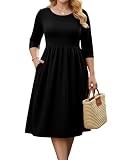 IN'VOLAND Plus Size Womens 3/4 Sleeve Midi Dresses 2026 Casual Boho A-Line Flowy Swing Summer Floral T Shirt Dress with Pockets Black