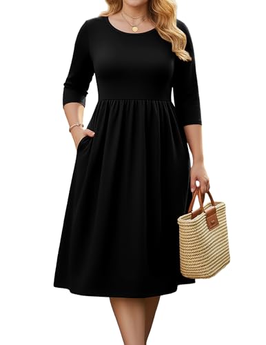 IN'VOLAND Plus Size Womens 3/4 Sleeve Midi Dresses 2026 Casual Boho A-Line Flowy Swing Summer Floral T Shirt Dress with Pockets Black
