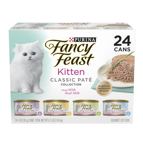 Purina Fancy Feast Tender Ocean Whitefish, Turkey, Chicken and Salmon Feasts Wet Kitten Food Variety Pack – (Pack of 24) 3 oz. Boxes