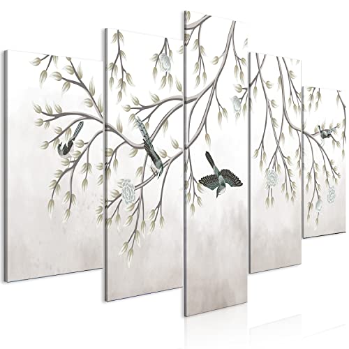 murando Cuadro Acústico Arbol 100x50 cm espuma acústica absorbe el sonido aislamiento lienzo de 5 piezas Impresión Artística Decoración de Pared Pájaros Naturaleza beige b-C-10065-b-a