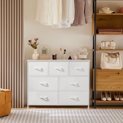 OLIXIS Dresser for Bedroom, 7 Storage Drawers, Wide Fabric Closet Chests Organizer Tower Furniture, TV Stand with Wooden Top Metal Frame for Clothes, Living Room, Hallway, Entryway, Classic White - Image 3