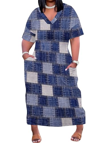 Image of SUZONANA Plus Size Denim Print Maxi Dresses for Women Casual V Neck Short Sleeve with Pockets Soft Jean Look Dress XL-6XL