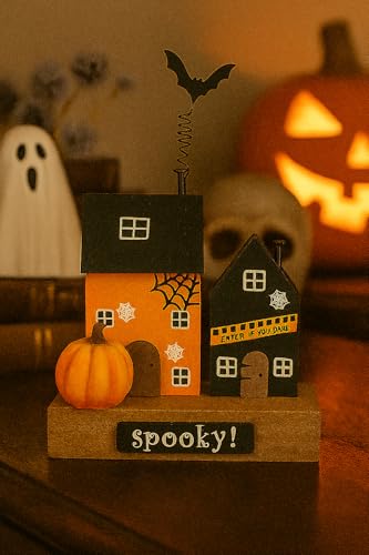 Heaven Sends Decorative Wooden Spooky Haunted House - Black/Orange - 14cm x 10cm x 6cm - Halloween Decoration Autumn Pumpkin Themed Décor - Perfect for Home, Kitchen, Living Room, Tabletop