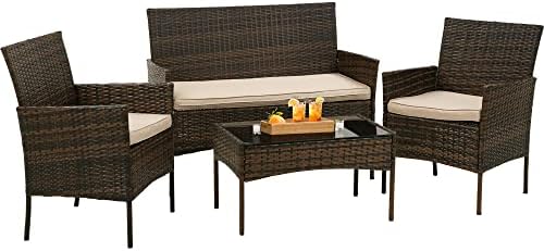 BestOffice Patio Furniture 4 Pieces Outdoor Indoor Use Rattan Chairs Wicker Patio Loveseats Conversation Sets with Table and Beige Cushions for Backyard Lawn Porch Garden Balcony,Brown