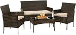 BestOffice Meubles de patio 4 Pièces En Intérieur Extérieur Chaises en rotin Patio en osier Chaises de conversation avec table et coussins beiges pour jardin de jardin de porche,Brown