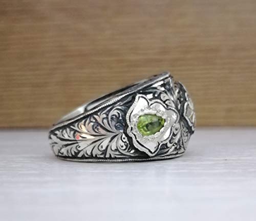 Handmade Hand Carved 925K Sterling Silver Mens Ring With Aquamarine & Peridot Stone Rp1195 #TOP5