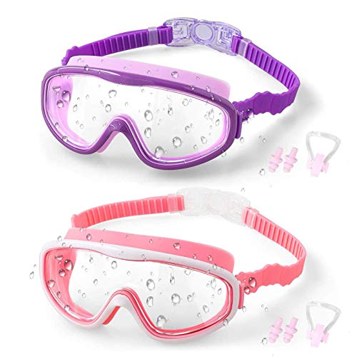 Anni Coco Kids Swimming Goggles for Age 6-10, Anti Fog No Leak UV Protection Wide View Swim Goggles With Nose Cover (2 Pack)