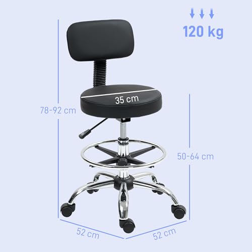 HOMCOM Taburete Giratorio, Taburete con Ruedas y Respaldo, Reposapiés, Altura Ajustable, Tapizado en Cuero Sintético, para Oficina, Dormitorio, Negro - imagen 3