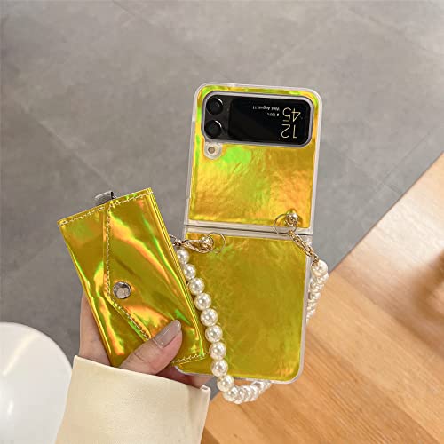 JZRH Capa para Galaxy Z Flip 4, com pulseira de corrente de pérola destacável e porta-cartão de créd