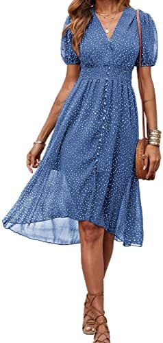 PRETTYGARDEN Summer Floral Midi Dress Long Puff Sleeve Casual Swing Sun Dress Floral Boho Hawaiian Flowy Long Dress Chiffon Polka Dot Womens Casual Dress Summer (Dark Blue, Large)