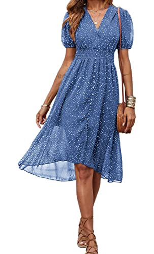 Prettygarden Summer Floral Midi Dress Long Puff Sleeve Casual Swing Sun Dress Floral Boho Hawaiian Flowy Long Dress Chiffon Polka Dot Womens Casual Dress Summer (Dark Blue, Large) #TOP3