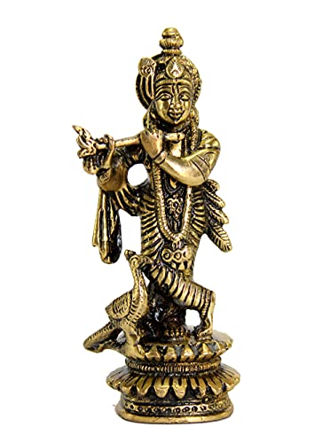 Image of ESPLANADE - Brass Kishan Krishna with Peacock Murti Idol Statue Sculpture - 5 inch inches for Pooja Mandir or Home Decor