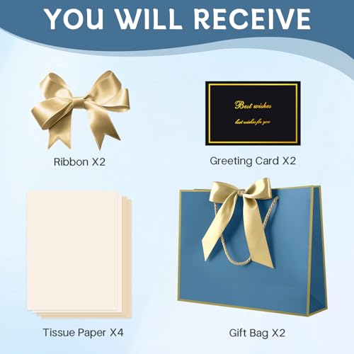Image of JMANNI Gift Bags with Handles, 11 inch Small Gift Bag for Presents, 2 Pcs Bags with 4 Tissue Paper and 2 Cards for Baby Shower Wedding Bridal Shower Mother's Day Birthday Party (Golden-Blue)