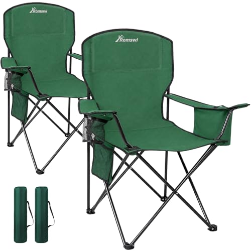 Image of Romswi 2 Pack Camping Chairs, Heavy Duty Folding Chair with 4-Can Cooler Bag, Portable Outdoor Chair with Cup Holder for Lawn, Beach, Fishing, Green