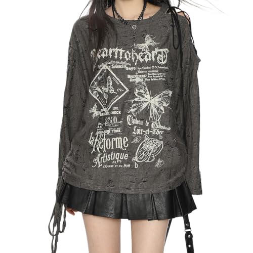 Women Goth T Shirt Harajuku Anime Graphic Y2K Tops Long Sleeve Off Shoulder Grunge Aesthetic Clothes