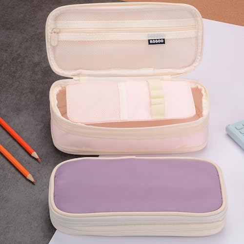 Image of Large Capacity Canvas Pencil Case Organizer Holder Pouch Bag with Zipper Compartments, Pen Cases for Women Girls School Adults (Pink)