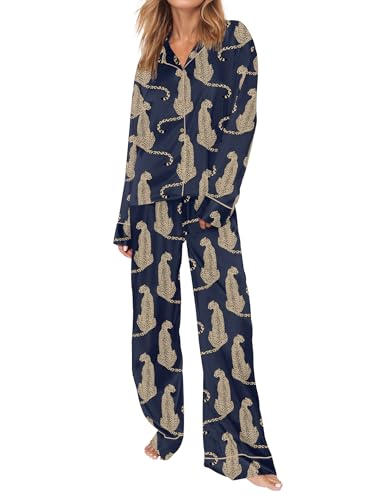 Image of SHESHOW Satin Pajamas Set for Women Set Long Sleeve Button Down Pjs Sets 2 Piece Loungewear Animal Sleepwear XS-XXL