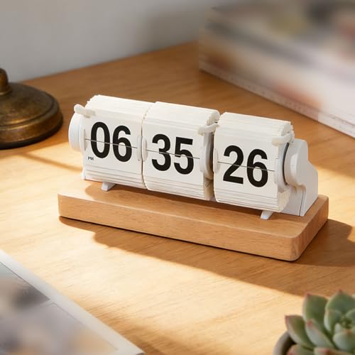 Reloj digital mecánico retro de madera con tapa volteable USB color blanco 4