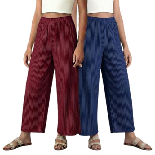 Image of Set of Combo Trouser and Pants for Girls and Women's Relaxed Fit Stretchable Regular Fit Palazzos Lightweight Elastic Waistband Bottoms for Daliy Office & Casual Wear