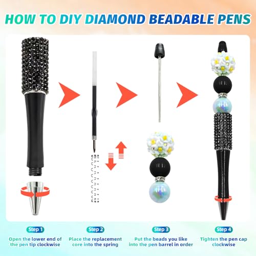 Image of 75 Pcs DIY Diamond Beadable Pen Kit - 25 Plastic Rhinestone Beaded Pens Bulk with Refills & Bags - Fancy Cute Glitter Pens for Crafting, Students & Teachers - School Supplies (Black)