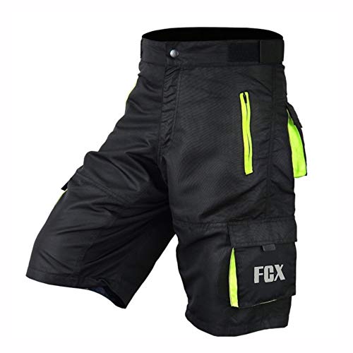 Men's MTB Shorts with Pockets and Padded Liner - Medium, Black/Green