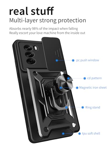 Image of SPAZY CASE Plastic Oppo Reno 12 Pro 5G Back Cover | Thermoplastic Polyurethane Heavy Duty Hybrid Case with 360 Degree Rotating Finger Ring Holder + Slider Shutter Camera Protection Case- Blue