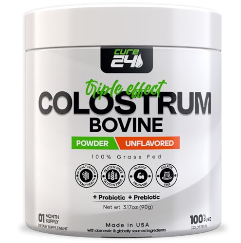 Image of Bovine Colostrum X3 Supplement Powder for Humans, 100% Pure Whole Natural Grass Fed Superfood, High IgG, Plus Probiotic & Prebiotic, Unflavored, Made in USA