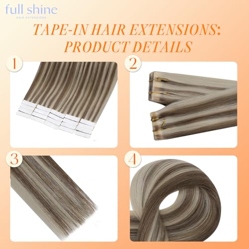 Image of Full Shine Injected Tape in Extensions Color Ash Brown Mixed Ash Blonde Natural Seamless Tape in Hair Extensions Human Hair 20Pcs 50g 24 Inch Silky Straight Skin Weft for Bridal Wedding Style