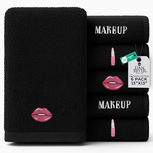 Image of DAN River Black Makeup Towels - Pack of 6 (13x13 in) - Ultra Soft Cotton Face Towels with Embroidery - Reusable, Quick-Dry & Machine Washable Makeup Remover Cloths for Bathroom, Spa & Salon