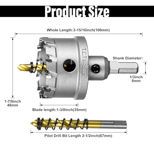 Image of SALI 1-7 /8 inch (48mm) TCT Hole Saw Kit Tungsten Carbide Tipped Hole Saw Drill Bit with Titanium-Plated Pilot Drill bit for Metal, Stainless Steel, Iron, Wood, Plastic
