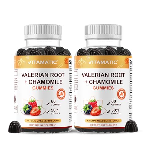 Vitamatic Valerian Root & Chamomile Gummies Plant-Based Botanical Extract Mixed Berry Flavor Vegan Non-GMO Gluten-Free Herbal Supplement 60 Count (120 Count)