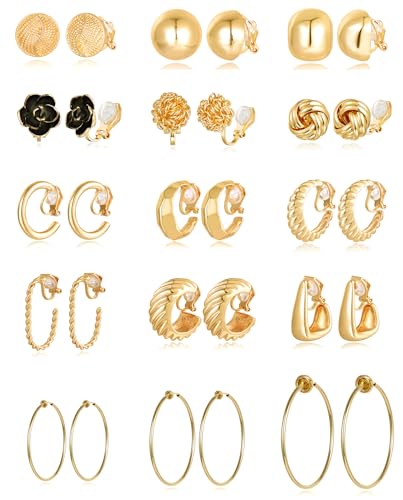 Tornito 15 Pairs Clip on Earrings 14K Gold Plated Chunky Flower Twist Knot Geometric Round Clip on Spring Hoops Earrings for Women Non-Pierced Fake Clip Earring Set Gold Silver Tone