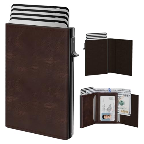 typecase Mens Wallet Card Holder: Pop Up Aluminum Case, Genuine Leather, Smart, RFID Blocking, Slim, Minimalist, Front Pocket - 9-14 Card Capacity | ID Window | Cash Slot - Oil Wax Brown