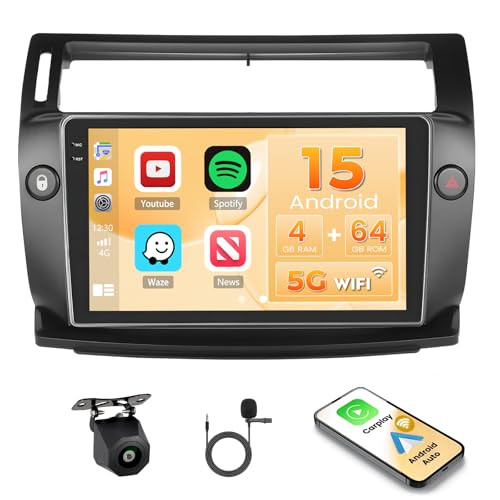 Hikity 4+64GB Radio Coche Android 15 para Citroën C4 2008-2011 con Carplay Android Auto Inalambrico, Incell Pantalla táctil de 9 Pulgadas con Bluetooth/GPS/WiFi/FM/RDS+Cámara Trasera+Mic