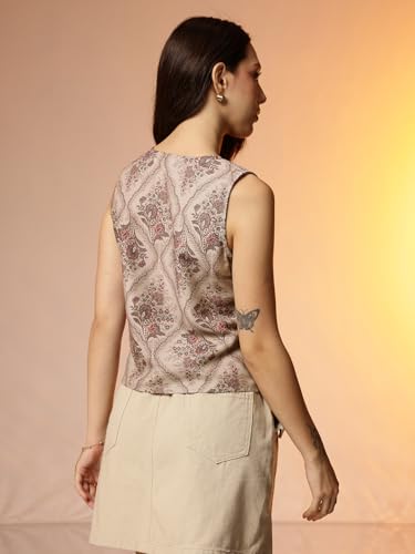 Image of Amazon Brand - INKAST Women Floral Printed Button Down V-Neck Tunic Top|Sleeveless|Ethnic Crop Top
