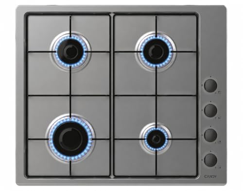 Candy Piano Cottura a Gas 4 Fuochi, Incasso, Inox, Griglie Smaltate Lavabili, Sicurezza Gas, Manopole Laterali, 59,5 x 51 x 0,8 cm (L x P x H) - CHW6LBX