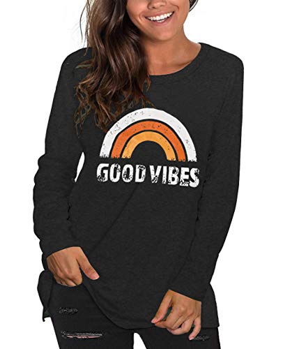 Plus Size Good Vibes Shirt Womens Long Sleeve Tshirt Graphic Tees Rainbow Tunic Tops