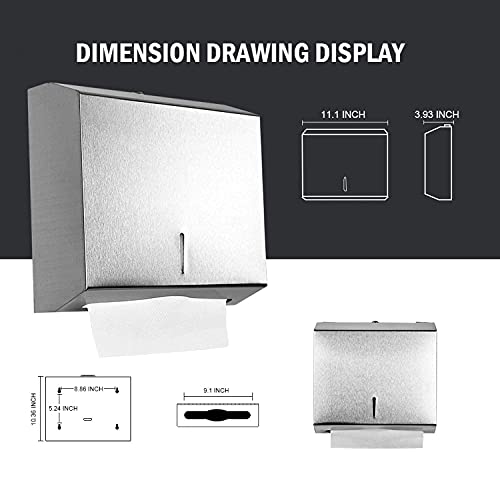 Gonioa Wall-Mounted Comercial Paper Towel Dispenser, Brushed Stainless Steel Bathroom Hand Towel Dispenser with Lock Design, Large Capacity 250 C-Fold 300 Multi-Fold Capacity
