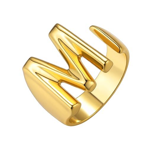 KeyStyle Gold Iniatial Ring for Women,Non Tarnish Dainty Letter M Rings, 14k Gold Plated Adjustable Statement Harrys Styles Open Rings for Party