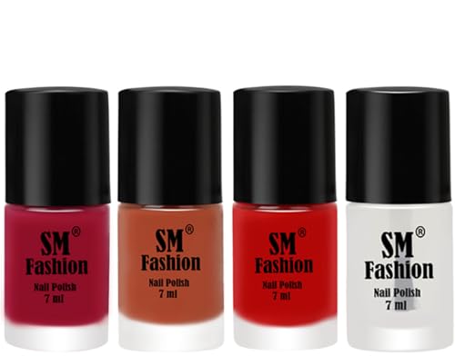 Image of Nail Polish Combo Set (Pack of 4) Quick Dry Gel Finish Nail Paint | Dark Magenta,Light Coral,Red,Top Coat | 7 ml Each