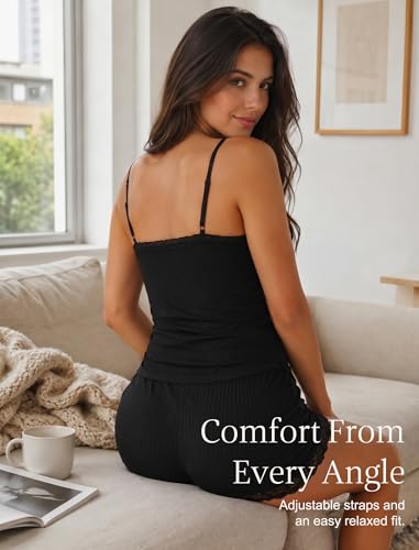 Image of Girece Cami Pajama Set for Women Ribbed Lace Trim 2 Piece Pajamas with Shorts Adjustable Strap Pjs Set Soft Lounge Sleepwear