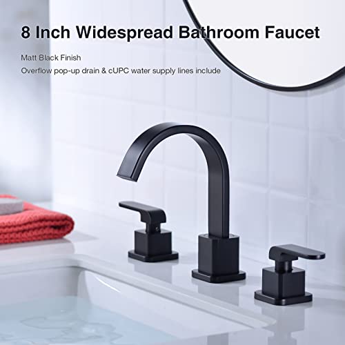8-Inch Widespread Bathroom Faucet 3 Hole Brass Square Shaped Waterfall Modern Vanity Sink Faucet Swivel Spout 2 Handle With Cupc Water Supply Lines And Overflow Pop Up Drain Included,Matte Black #TOP1