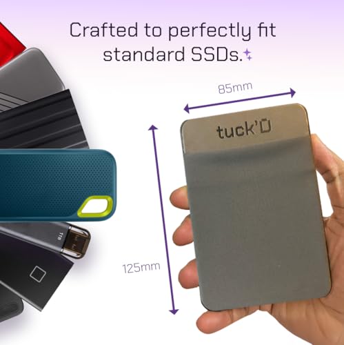 Image of Tuck'd Portable SSD Hard Drive Sleeve - Reusable Adhesive Laptop Mount - Stick-On External Storage Holder for MacBook & Tablets - Travel Pocket Pouch for SSD, Cables & Accessories (Small, Grey)