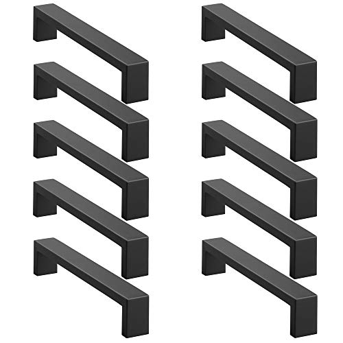 Cauldham Solid Stainless Steel Cabinet Hardware Square Pull Matte Black (6-1/4" Hole Centers) - 10 Pack #TOP2