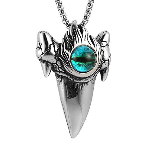 Scddboy Green Evil Eyes Shark Tooth Steel Pendant Necklace，Blue Evil Eyes Stainless Steel Necklaces