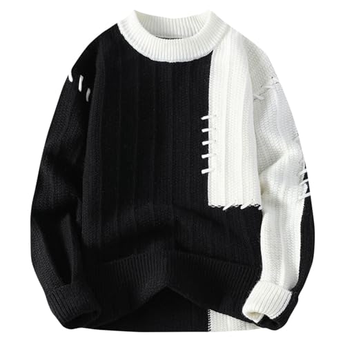 Chunky Cable Knit Sweater for Men Loose Casual Knitted Sweater,Colorblock Tunic Woven Fashion Crewneck Knitted Top